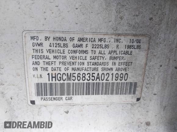 2005 Honda Accord EX-L with VIN 1HGCM56835A021990, listed as a IAAI auction lot 43110634 with 240,755 mi miles and . Bid and sale history available at DreamBid. Image 9.