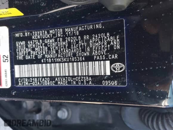 2019 Toyota Camry LE с VIN 4T1B11HK5KU185364, выставлен на аукционе IAAI как лот 43241348 с пробегом 85 155 миль миль и . История ставок и продаж доступна на DreamBid. Изображение 9.