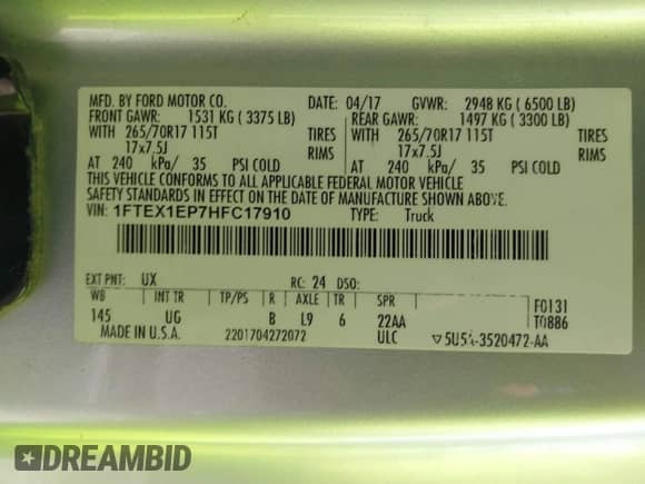 2017 Ford F-150 XL z VIN 1FTEX1EP7HFC17910, wystawiony jako IAAI lot #42518576 z przebiegiem 158 721 mil mil oraz . Historia ofert i sprzedaży dostępna na DreamBid. Obrazek 9.