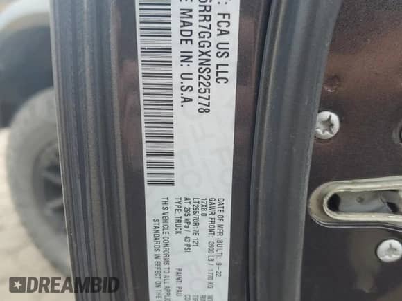 2022 Ram 1500 Warlock с VIN 1C6RR7GGXNS225778, выставлен на аукционе Copart как лот 65471005 с пробегом 37 017 миль миль и Списание • Salvage title. История ставок и продаж доступна на DreamBid. Изображение 12.