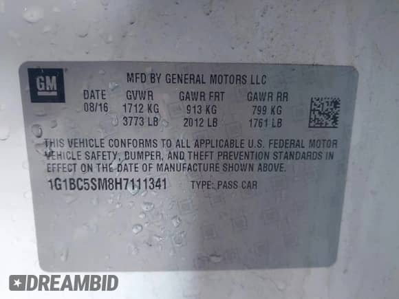 2017 Chevrolet Cruze LS с VIN 1G1BC5SM8H7111341, выставлен на аукционе IAAI как лот 43464777 с пробегом 52 620 миль миль и . История ставок и продаж доступна на DreamBid. Изображение 9.