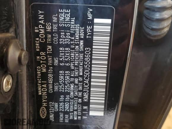 2013 Hyundai Tucson GLS z VIN KM8JUCAC5DU558603, wystawiony jako Copart lot #80944025 z przebiegiem Nie podano mil oraz Czysty tytuł • Clean title. Historia ofert i sprzedaży dostępna na DreamBid. Obrazek 13.