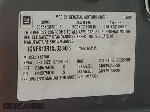 1999 Chevrolet Tahoe с VIN 1GNEK13R1XJ338423, выставлен на аукционе Copart как лот 84990515 с пробегом 269 070 миль миль и Чистый • Clean title. История ставок и продаж доступна на DreamBid. Изображение 13.