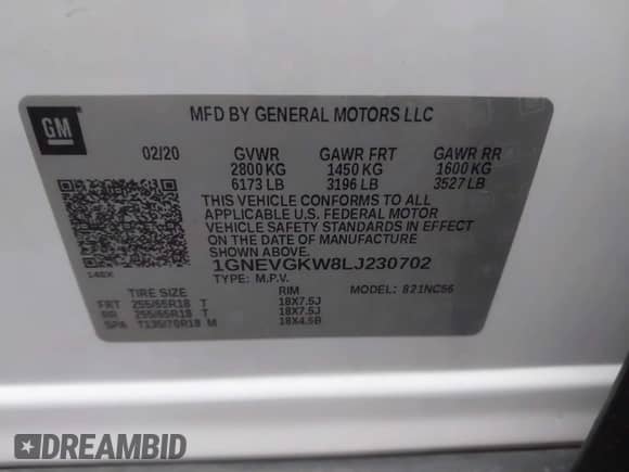 2020 Chevrolet Traverse LT Cloth with VIN 1GNEVGKW8LJ230702, listed as a IAAI auction lot 41137563 with 70,222 mi miles and . Bid and sale history available at DreamBid. Image 9.