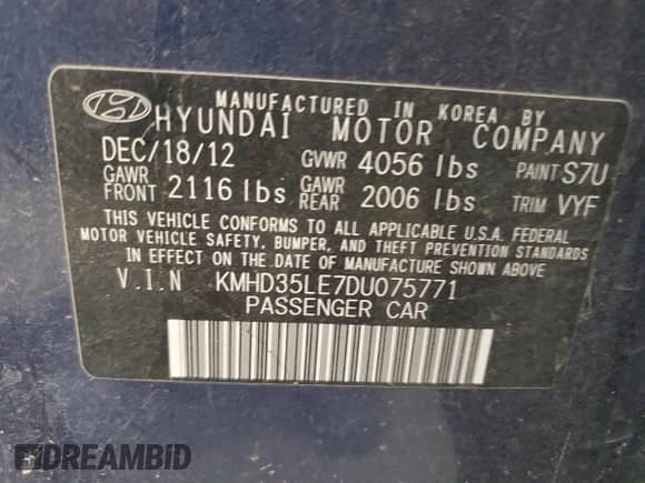 2013 Hyundai Elantra с VIN KMHD35LE7DU075771, выставлен на аукционе Copart как лот 69850885 с пробегом 132 398 миль миль и Списание • Salvage title. История ставок и продаж доступна на DreamBid. Изображение 13.