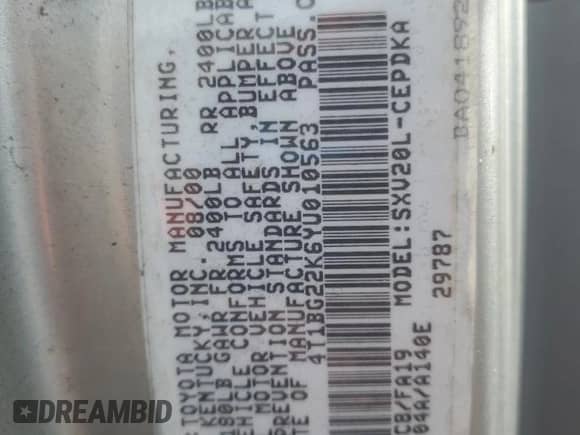 2000 Toyota Camry CE with VIN 4T1BG22K6YU010563, listed as a Copart auction lot 82554515 with 181,583 mi miles and Salvage title. Bid and sale history available at DreamBid. Image 12.