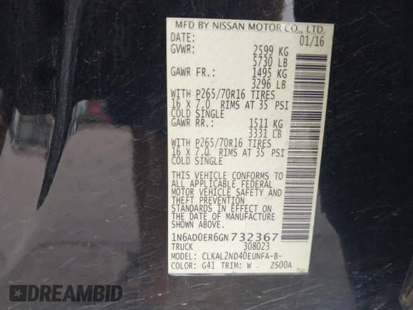 2016 Nissan Frontier SV with VIN 1N6AD0ER6GN732367, listed as a IAAI auction lot 43173577 with 97,433 mi miles and . Bid and sale history available at DreamBid. Image 9.