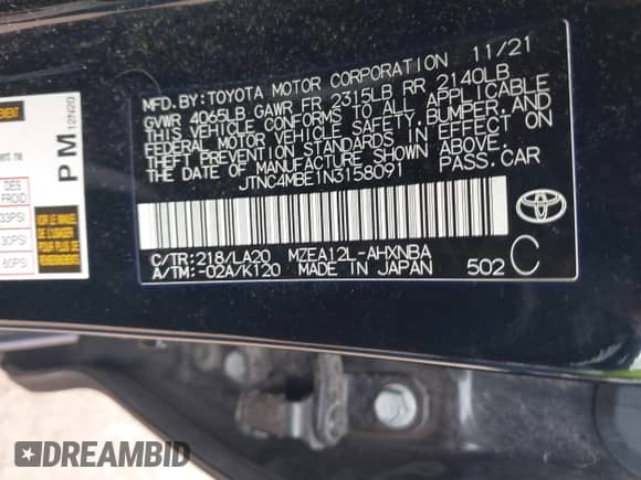 2022 Toyota Corolla XSE with VIN JTNC4MBE1N3158091, listed as a IAAI auction lot 42108927 with 52,417 mi miles and . Bid and sale history available at DreamBid. Image 9.