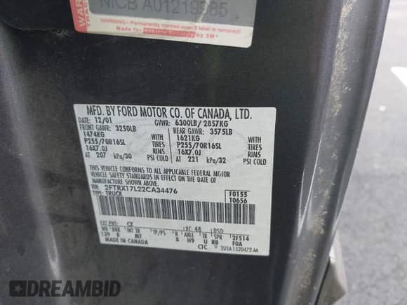 2002 Ford F-150 XL with VIN 2FTRX17L22CA34476, listed as a IAAI auction lot 43390303 with 237,458 mi miles and . Bid and sale history available at DreamBid. Image 9.