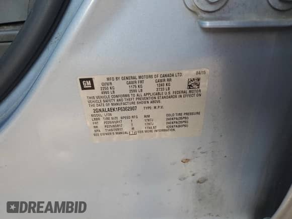 2015 Chevrolet Equinox LS z VIN 2GNALAEK1F6362907, wystawiony jako Copart lot #81554725 z przebiegiem 125 428 mil mil oraz Szkoda całkowita • Salvage title. Historia ofert i sprzedaży dostępna na DreamBid. Obrazek 13.