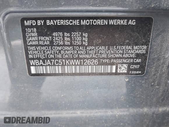 2019 BMW 5 Series 530i xDrive with VIN WBAJA7C51KWW12626, listed as a IAAI auction lot 42335449 with 71,798 mi miles and . Bid and sale history available at DreamBid. Image 9.
