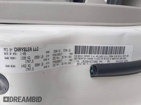 2009 Jeep Grand Cherokee with VIN 1J8GS58K49C532805, listed as a IAAI auction lot 42001527 with 104,979 mi miles and . Bid and sale history available at DreamBid. Image 9.