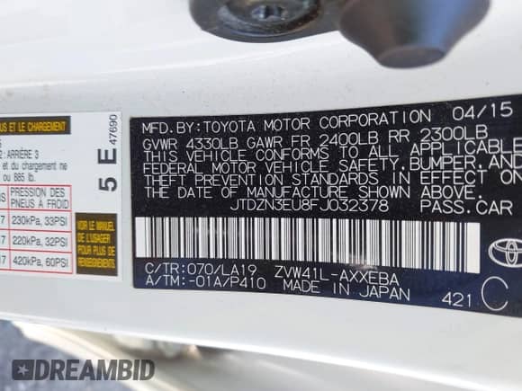 2015 Toyota Prius Two z VIN JTDZN3EU8FJ032378, wystawiony jako IAAI lot #42832289 z przebiegiem Nie podano mil oraz . Historia ofert i sprzedaży dostępna na DreamBid. Obrazek 9.