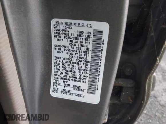 2004 Nissan Pathfinder SE с VIN JN8DR09Y94W904159, выставлен на аукционе IAAI как лот 42585630 с пробегом 137 785 миль миль и . История ставок и продаж доступна на DreamBid. Изображение 9.