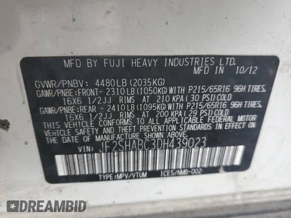 2013 Subaru Forester X z VIN JF2SHABC3DH439023, wystawiony jako Copart lot #84648795 z przebiegiem 206 500 mil mil oraz Czysty tytuł • Clean title. Historia ofert i sprzedaży dostępna na DreamBid. Obrazek 14.