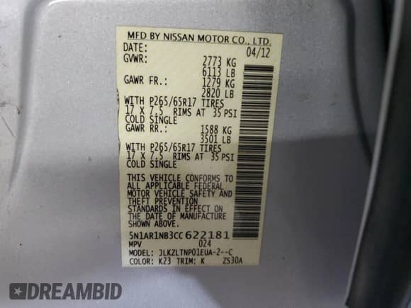 2012 Nissan Pathfinder SV with VIN 5N1AR1NB3CC622181, listed as a Copart auction lot 68935245 with 138,209 mi miles and Salvage title. Bid and sale history available at DreamBid. Image 13.