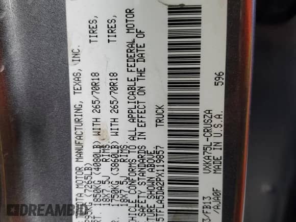 2023 Toyota Tundra SR5 с VIN 5TFLA5DA2PX119857, выставлен на аукционе Copart как лот 67063925 с пробегом 8 600 миль миль и Списание • Salvage title. История ставок и продаж доступна на DreamBid. Изображение 12.