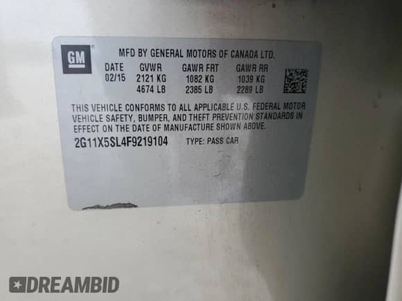 2015 Chevrolet Impala LS with VIN 2G11X5SL4F9219104, listed as a Copart auction lot 80072515 with 126,125 mi miles and Salvage title. Bid and sale history available at DreamBid. Image 12.