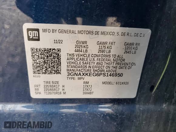 2023 Chevrolet Equinox LT with VIN 3GNAXKEG6PS146950, listed as a Copart auction lot 69433855 with 43,730 mi miles and Salvage title. Bid and sale history available at DreamBid. Image 12.
