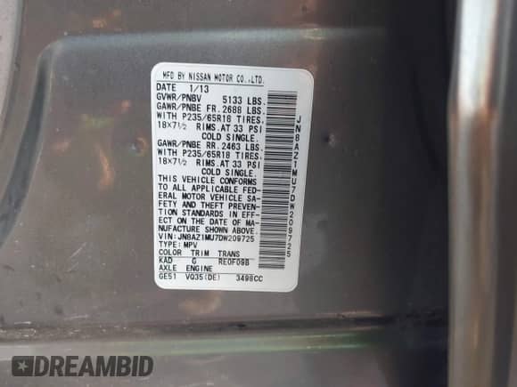 2013 Nissan Murano S с VIN JN8AZ1MU7DW209725, выставлен на аукционе IAAI как лот 43179002 с пробегом 178 639 миль миль и . История ставок и продаж доступна на DreamBid. Изображение 9.