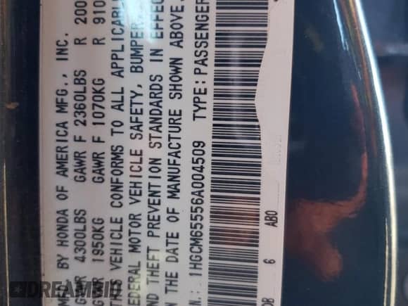 2006 Honda Accord EX-L with VIN 1HGCM65556A004509, listed as a Copart auction lot 60294005 with 147,567 mi miles and Salvage title. Bid and sale history available at DreamBid. Image 12.