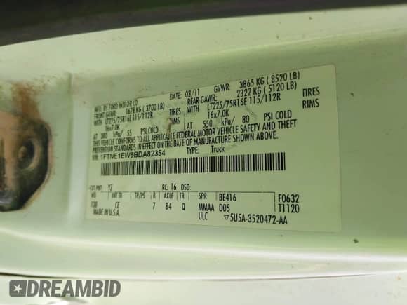 2011 Ford Econoline Cargo Commercial with VIN 1FTNE1EW6BDA82354, listed as a IAAI auction lot 42340908 with 312,950 mi miles and . Bid and sale history available at DreamBid. Image 9.