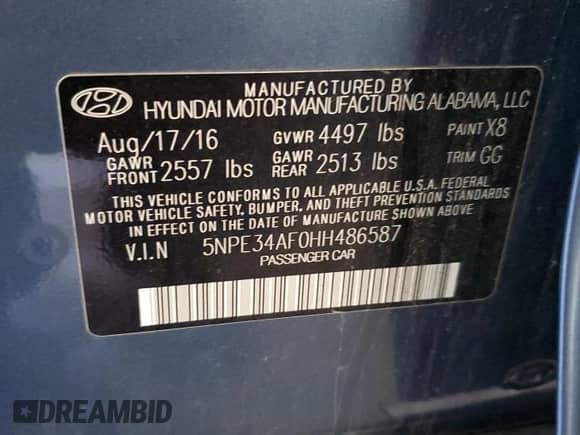 2017 Hyundai Sonata Limited with VIN 5NPE34AF0HH486587, listed as a Copart auction lot 84400665 with 33,688 mi miles and Salvage title. Bid and sale history available at DreamBid. Image 12.