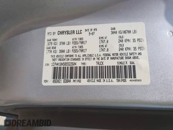 2008 Dodge 1500 SLT with VIN 1D7HA18N58S522604, listed as a IAAI auction lot 42847384 with 251,077 mi miles and . Bid and sale history available at DreamBid. Image 9.