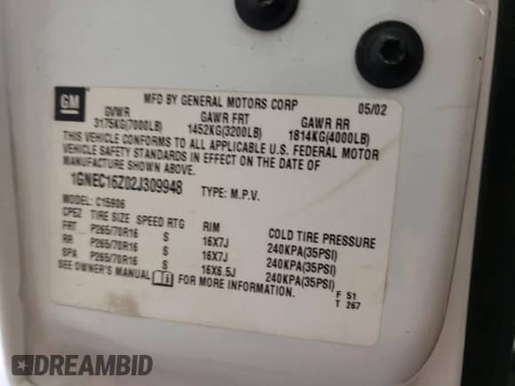 2002 Chevrolet Suburban LT z VIN 1GNEC16Z02J309948, wystawiony jako Copart lot #73720014 z przebiegiem 194 707 mil mil oraz Szkoda całkowita • Salvage title. Historia ofert i sprzedaży dostępna na DreamBid. Obrazek 14.