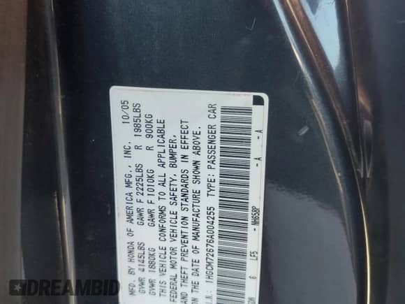 2006 Honda Accord EX-L with VIN 1HGCM72676A004255, listed as a Copart auction lot 80563145 with 240,902 mi miles and Salvage title. Bid and sale history available at DreamBid. Image 12.
