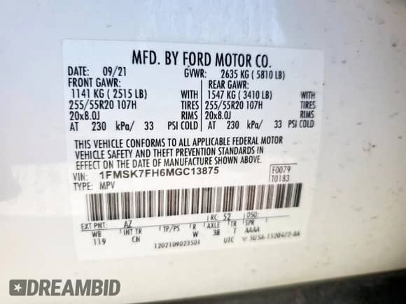 2021 Ford Explorer Limited z VIN 1FMSK7FH6MGC13875, wystawiony jako Copart lot #62504965 z przebiegiem 21 744 mil mil oraz Czysty tytuł • Clean title. Historia ofert i sprzedaży dostępna na DreamBid. Obrazek 13.