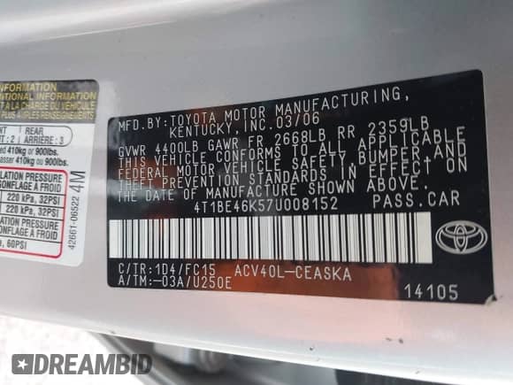 2007 Toyota Camry CE с VIN 4T1BE46K57U008152, выставлен на аукционе IAAI как лот 43362925 с пробегом 95 613 миль миль и . История ставок и продаж доступна на DreamBid. Изображение 9.