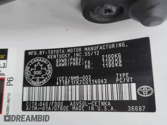 2012 Toyota Camry SE with VIN 4T1BF1FK7CU114043, listed as a Copart auction lot 86473625 with 317,574 mi miles and Salvage title. Bid and sale history available at DreamBid. Image 12.