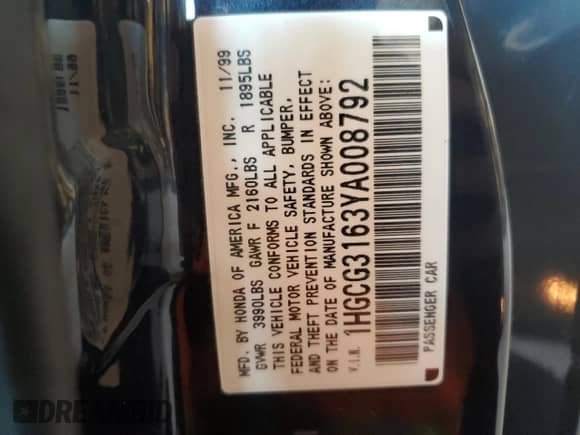 2000 Honda Accord z VIN 1HGCG3163YA008792, wystawiony jako Copart lot #71320354 z przebiegiem 134 856 mil mil oraz Szkoda całkowita • Salvage title. Historia ofert i sprzedaży dostępna na DreamBid. Obrazek 13.