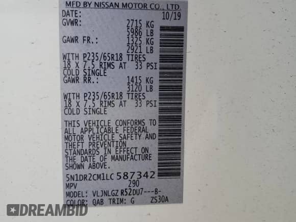 2020 Nissan Pathfinder SL z VIN 5N1DR2CM1LC587342, wystawiony jako Copart lot #59759945 z przebiegiem 32 836 mil mil oraz Szkoda całkowita • Salvage title. Historia ofert i sprzedaży dostępna na DreamBid. Obrazek 13.