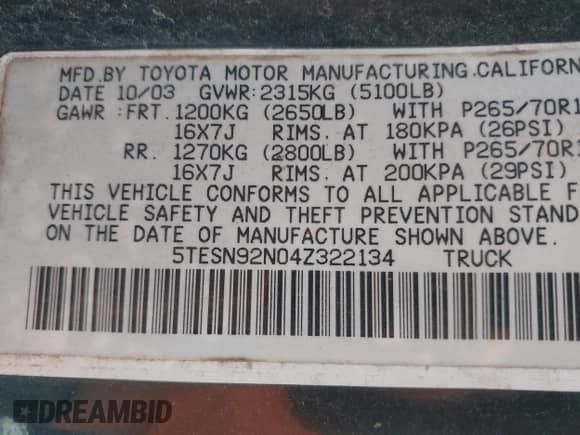 2004 Toyota Tacoma PreRunner с VIN 5TESN92N04Z322134, выставлен на аукционе IAAI как лот 42804234 с пробегом 224 916 миль миль и . История ставок и продаж доступна на DreamBid. Изображение 9.
