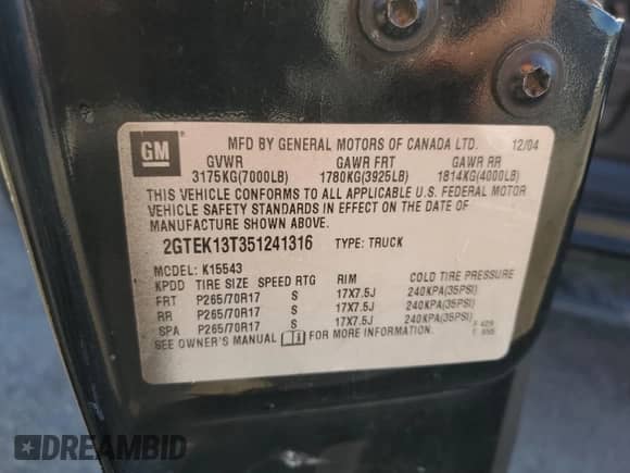 2005 GMC Sierra 1500 SLE z VIN 2GTEK13T351241316, wystawiony jako Copart lot #64139725 z przebiegiem 217 454 mil mil oraz Szkoda całkowita • Salvage title. Historia ofert i sprzedaży dostępna na DreamBid. Obrazek 13.