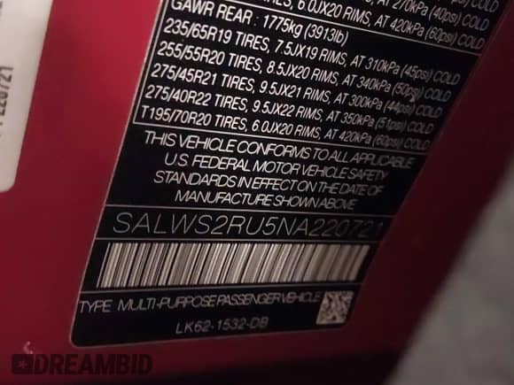 2022 Land Rover Range Rover Sport HST with VIN SALWS2RU5NA220721, listed as a IAAI auction lot 41643786 with 28,165 mi miles and . Bid and sale history available at DreamBid. Image 9.