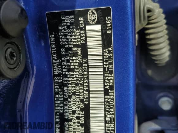 2015 Toyota Camry SE with VIN 4T1BF1FK5FU933010, listed as a Copart auction lot 80649505 with 201,763 mi miles and Salvage title. Bid and sale history available at DreamBid. Image 12.