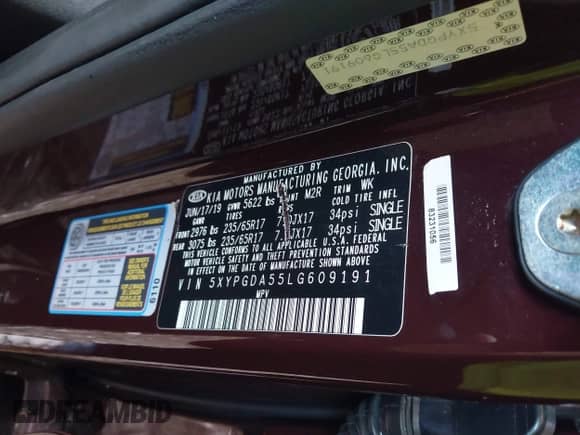 2020 Kia Sorento LX z VIN 5XYPGDA55LG609191, wystawiony jako IAAI lot #42659638 z przebiegiem 109 278 mil mil oraz . Historia ofert i sprzedaży dostępna na DreamBid. Obrazek 9.