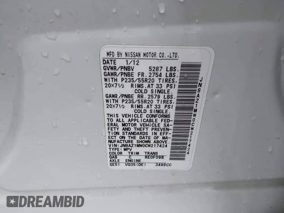 2012 Nissan Murano SL с VIN JN8AZ1MW0CW217424, выставлен на аукционе IAAI как лот 42852352 с пробегом 180 271 миль миль и . История ставок и продаж доступна на DreamBid. Изображение 9.