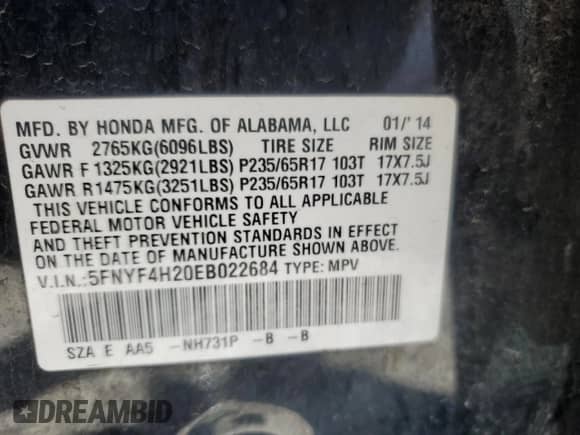 2014 Honda Pilot LX с VIN 5FNYF4H20EB022684, выставлен на аукционе Copart как лот 68908625 с пробегом 140 059 миль миль и Списание • Salvage title. История ставок и продаж доступна на DreamBid. Изображение 13.