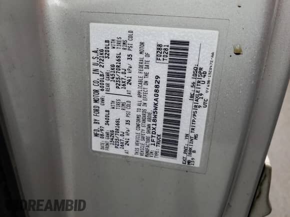 1998 Ford F-150 XL с VIN 1FTDX18W5WKA08829, выставлен на аукционе Copart как лот 85135314 с пробегом 160 824 миль миль и Чистый • Clean title. История ставок и продаж доступна на DreamBid. Изображение 12.