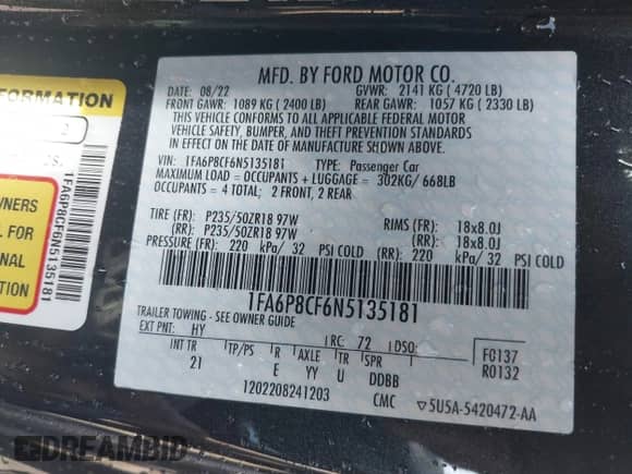 2022 Ford Mustang GT with VIN 1FA6P8CF6N5135181, listed as a IAAI auction lot 42171291 with 22,371 mi miles and . Bid and sale history available at DreamBid. Image 9.