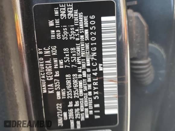 2022 Kia Sorento S with VIN 5XYRL4LC7NG102506, listed as a Copart auction lot 81659095 with 54,449 mi miles and Salvage title. Bid and sale history available at DreamBid. Image 12.