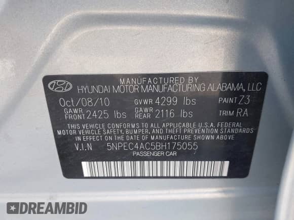 2011 Hyundai Sonata Limited with VIN 5NPEC4AC5BH175055, listed as a IAAI auction lot 42937270 with 198,552 mi miles and . Bid and sale history available at DreamBid. Image 9.