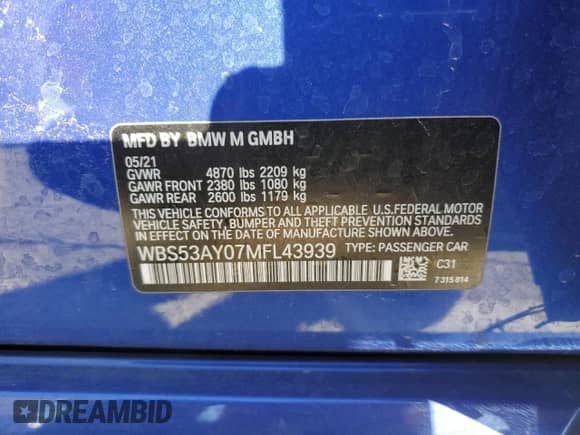 2021 BMW M3 с VIN WBS53AY07MFL43939, выставлен на аукционе Copart как лот 42085465 с пробегом 55 003 миль миль и Списание • Salvage title. История ставок и продаж доступна на DreamBid. Изображение 14.