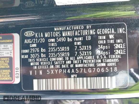 2020 Kia Sorento EX with VIN 5XYPH4A57LG706518, listed as a IAAI auction lot 42309723 with 85,665 mi miles and . Bid and sale history available at DreamBid. Image 9.