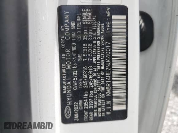 2022 Hyundai Palisade SE с VIN KM8R14HE2NU440017, выставлен на аукционе Copart как лот 63863105 с пробегом 124 405 миль миль и Списание • Salvage title. История ставок и продаж доступна на DreamBid. Изображение 12.