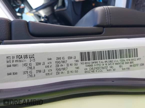 2015 Jeep Grand Cherokee Altitude with VIN 1C4RJFAG5FC764727, listed as a IAAI auction lot 43076470 with 152,602 mi miles and . Bid and sale history available at DreamBid. Image 9.